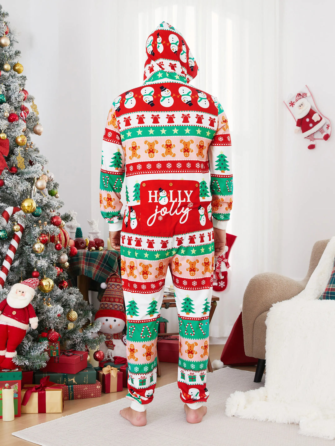 Pijamas de uma peça Conjuntos de Natal Coordenados Estampados com Zíper à Frente Impressão Holly Jolly com Meias de Natal Fundo Multicolorido
