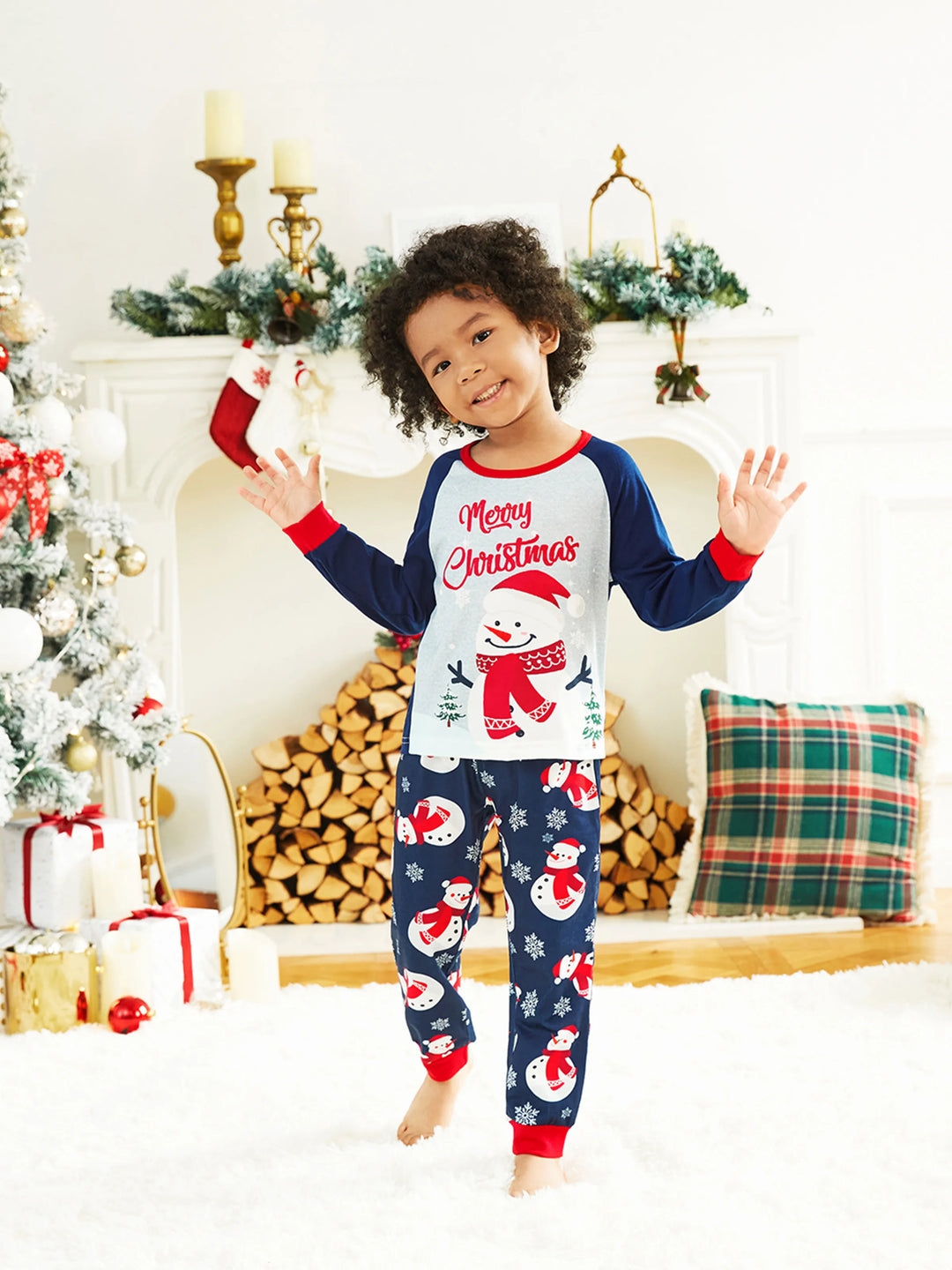 Conjuntos de Pijamas de Manga Raglan para Família com Estampas de Boneco de Neve e Carta de Natal, com Meias de Natal Coloridas
