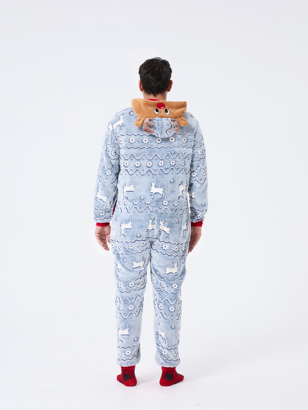 Conjunto de Pijamas em Família Combinados para o Natal com Estampado de Renas - Pijamas que Brilham no Escuro com Meias de Natal Brancas/Cinzentas