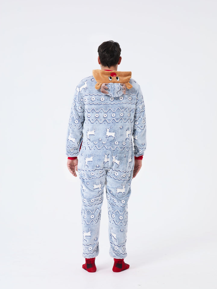 Conjunto de Pijamas em Família Combinados para o Natal com Estampado de Renas - Pijamas que Brilham no Escuro com Meias de Natal Brancas/Cinzentas