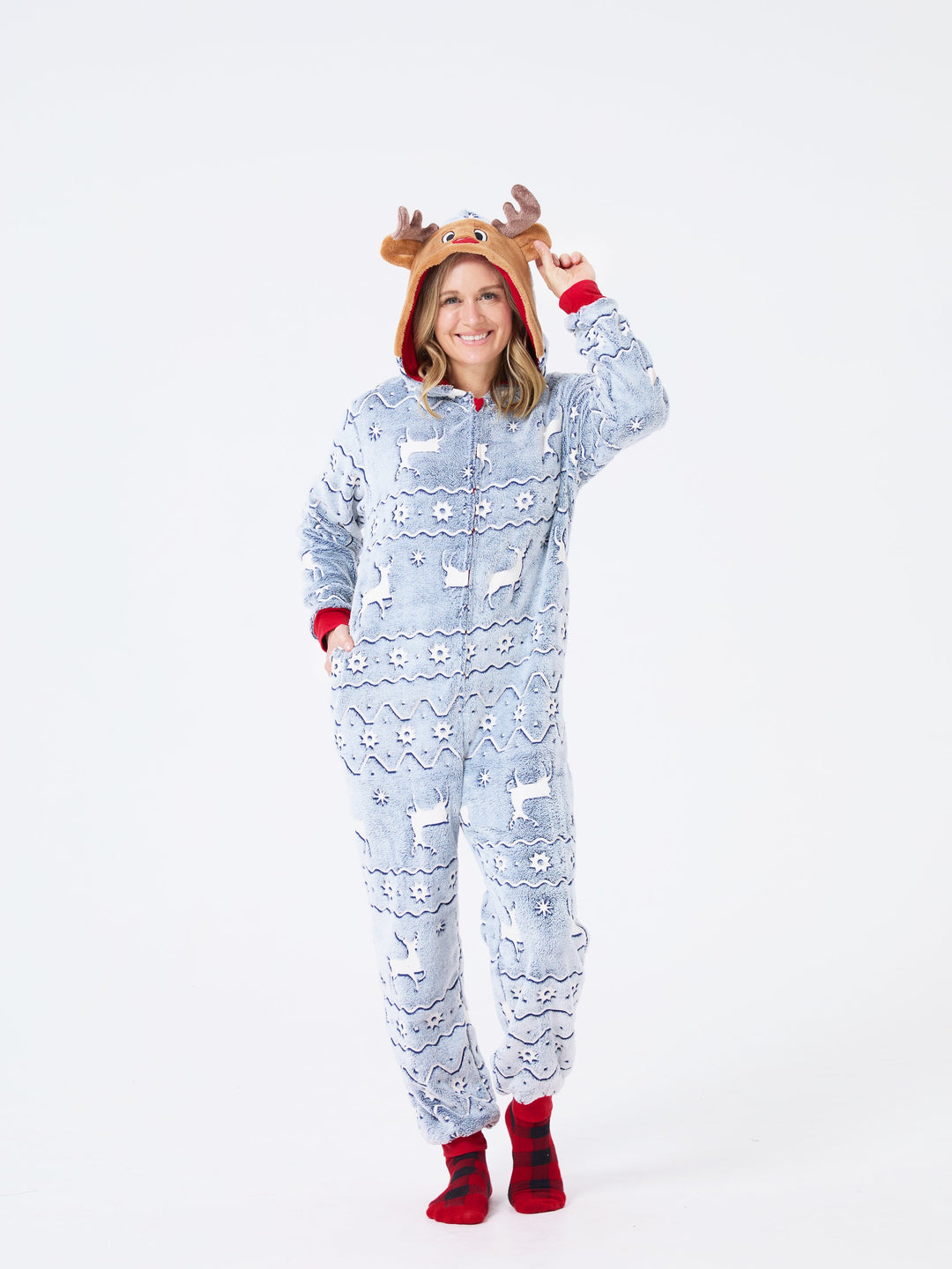 Conjunto de Pijamas em Família Combinados para o Natal com Estampado de Renas - Pijamas que Brilham no Escuro com Meias de Natal Brancas/Cinzentas