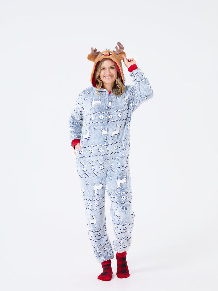 Conjunto de Pijamas em Família Combinados para o Natal com Estampado de Renas - Pijamas que Brilham no Escuro com Meias de Natal Brancas/Cinzentas