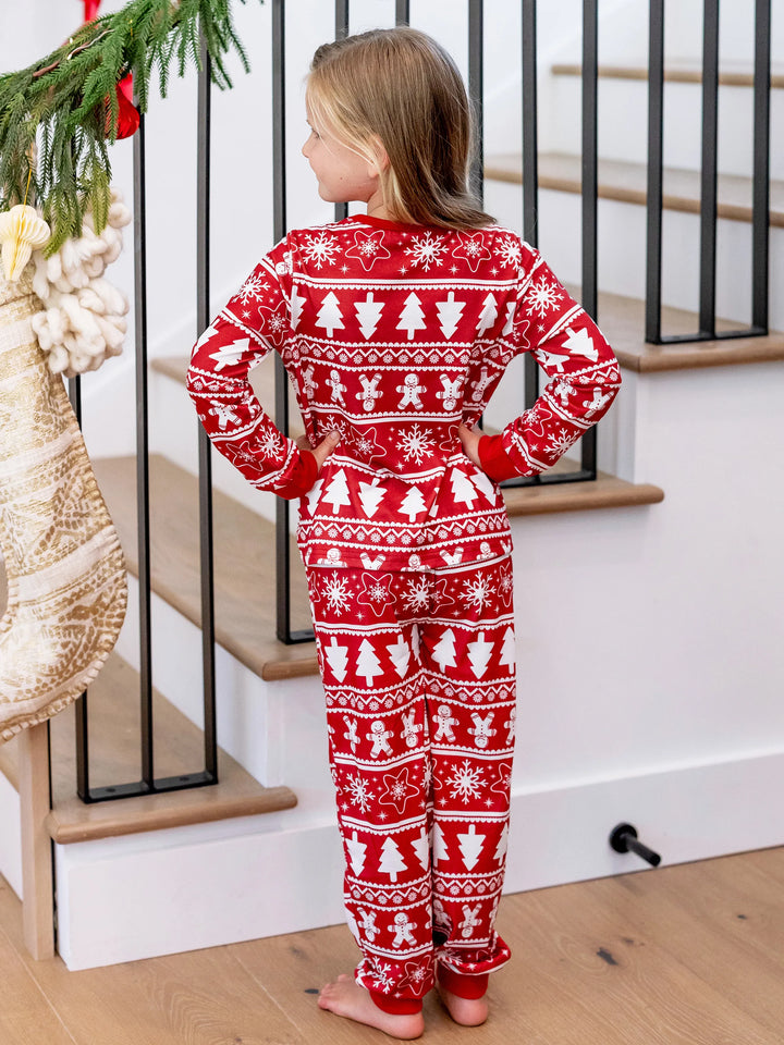 Conjunto de Pijamas em Família Coordenados para o Natal com Estampado de Homem de Gengibre e Árvore de Natal, Pijamas Vermelhos com Meias de Natal Vermelhas