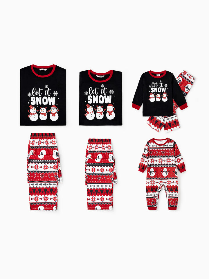 Conjunto de Pijamas de Natal para Famílias com Impressão de Boneco de Neve – PJs de Manga Longa com Meias de Natal – Preto