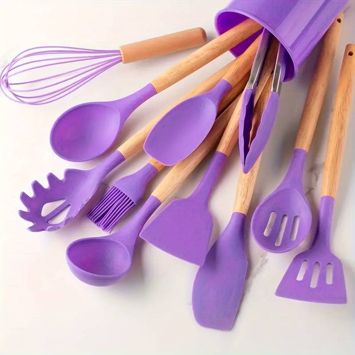 Conjunto Minimalista de Utensílios de Silicone e Madeira – 12 Peças
