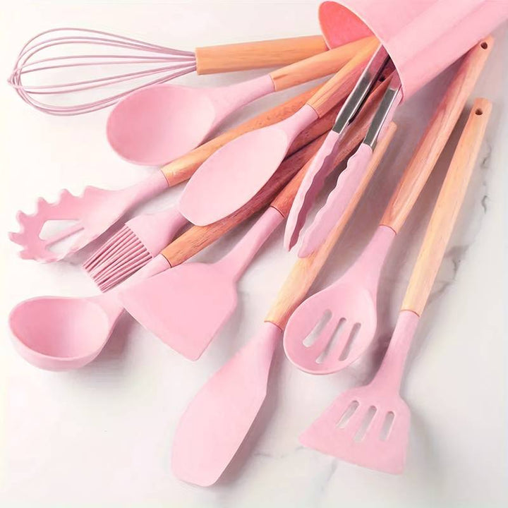 Conjunto Minimalista de Utensílios de Silicone e Madeira – 12 Peças