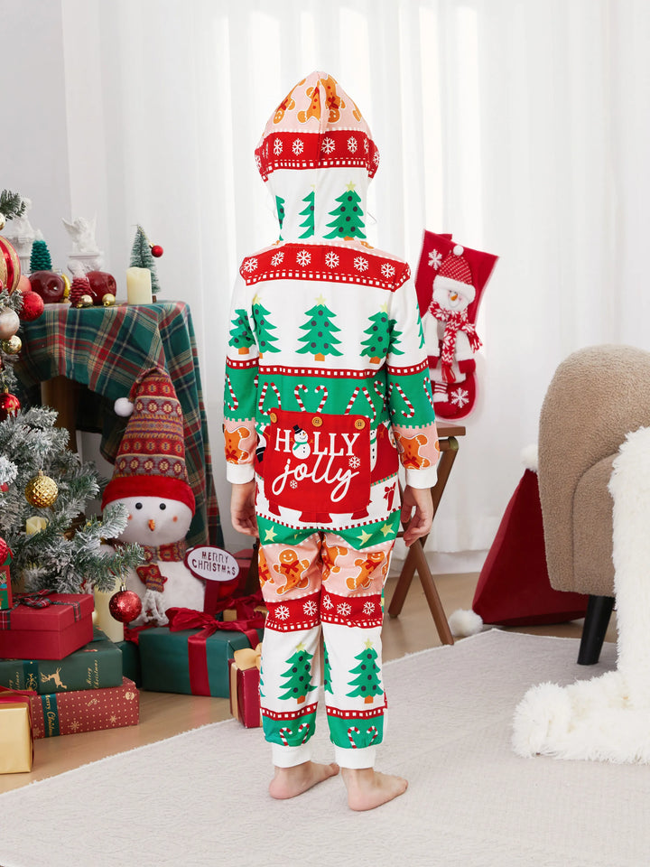 Pijamas de uma peça Conjuntos de Natal Coordenados Estampados com Zíper à Frente Impressão Holly Jolly com Meias de Natal Fundo Multicolorido