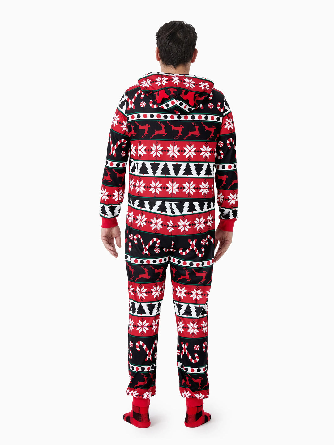 Pijamas de Natal com padrão de rena 3D, macacões com capuz e fecho, outfits em família coordenados nas cores vermelho/preto.