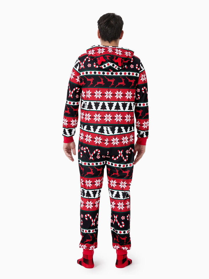 Pijamas de Natal com padrão de rena 3D, macacões com capuz e fecho, outfits em família coordenados nas cores vermelho/preto.