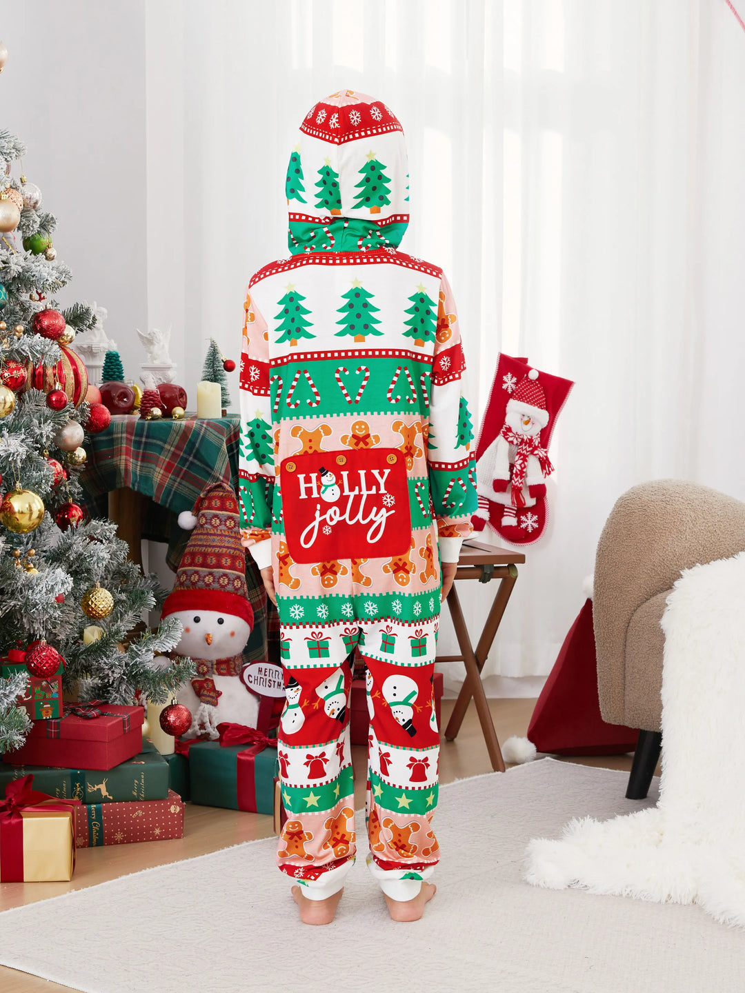 Pijamas de uma peça Conjuntos de Natal Coordenados Estampados com Zíper à Frente Impressão Holly Jolly com Meias de Natal Fundo Multicolorido