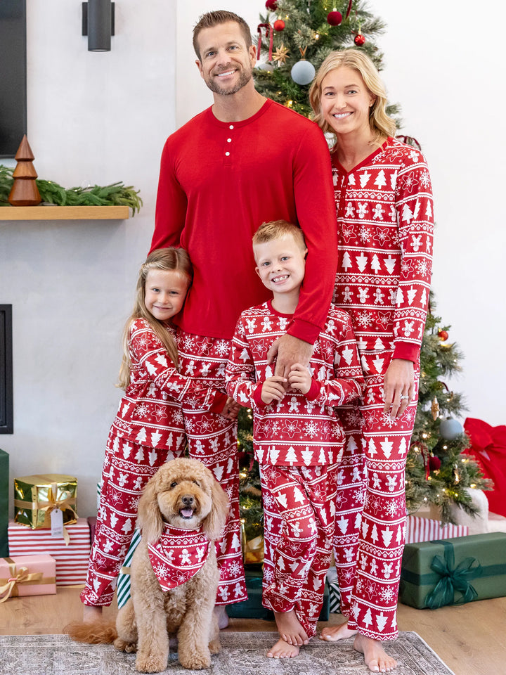 Conjunto de Pijamas em Família Coordenados para o Natal com Estampado de Homem de Gengibre e Árvore de Natal, Pijamas Vermelhos com Meias de Natal Vermelhas