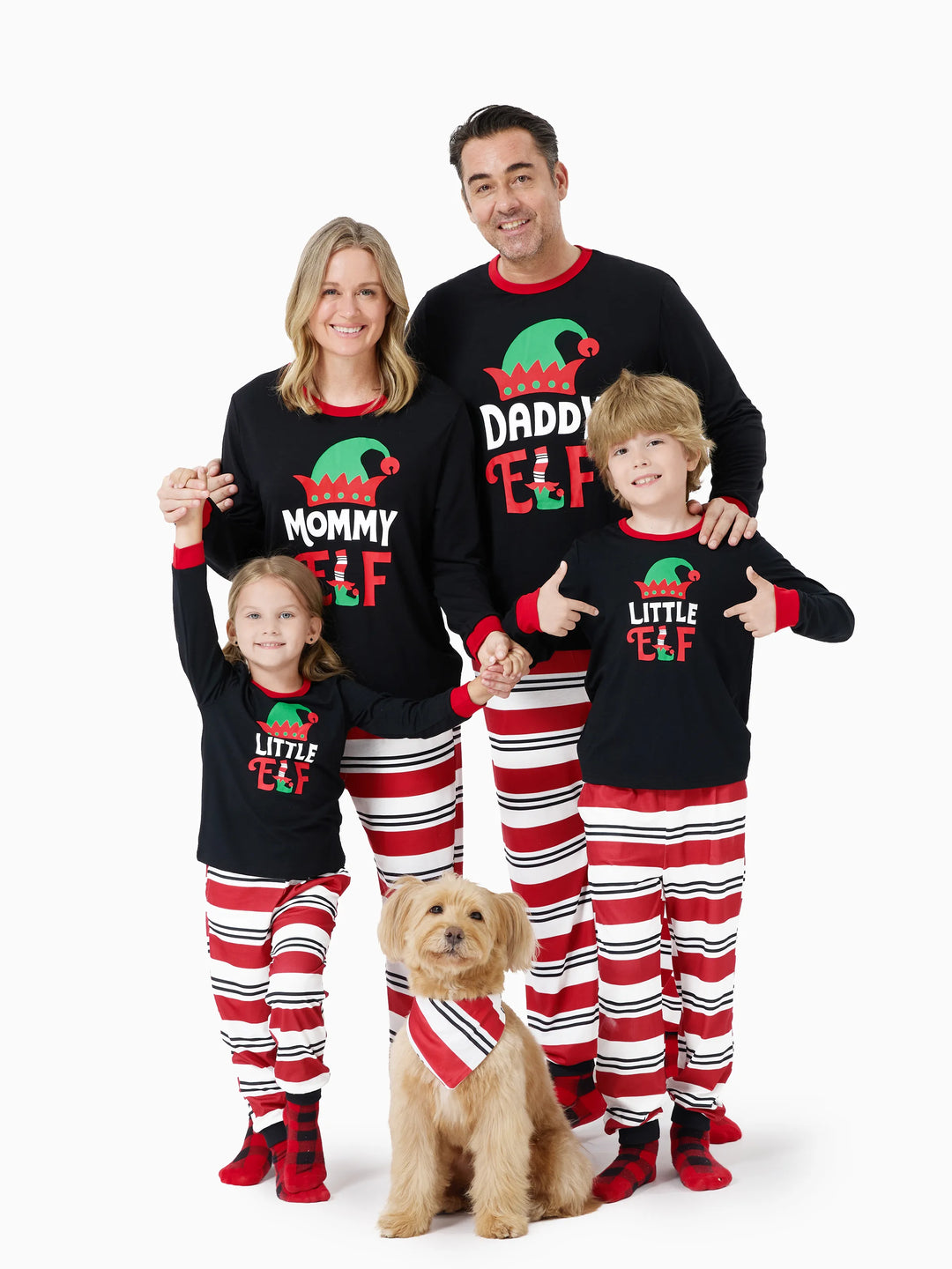 Conjunto de Pijamas Coincidentes para a Família com Estampa de Elfo e Meias de Natal em Preto